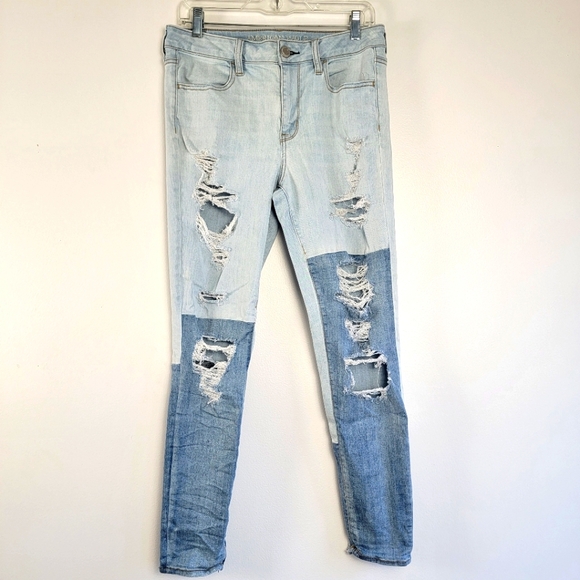 American Eagle Distressed Colorblock Jeans Super Stretch Hi Rise 10 Regular 2017 - Picture 1 of 13